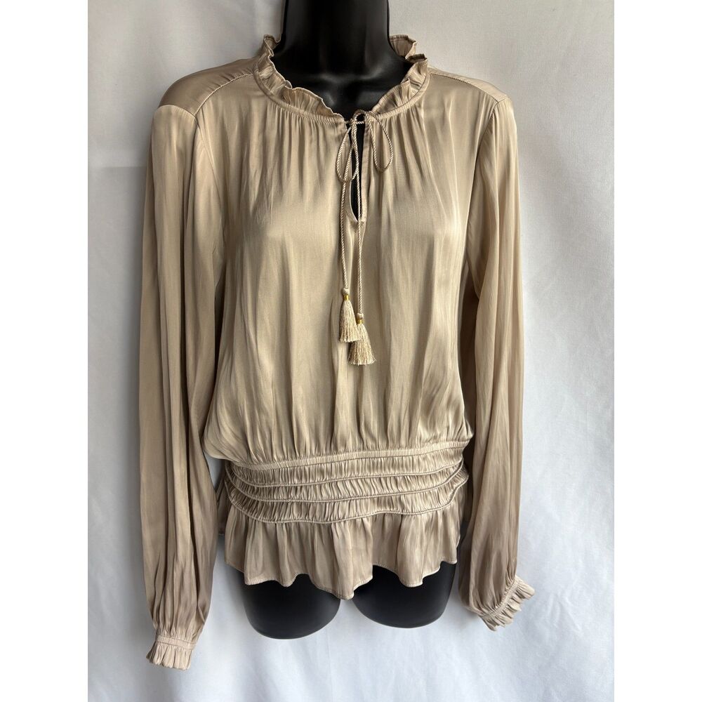 Express Satin Brown Cream Long Sleeve Blouse Ruffles S/M Classy Career Office